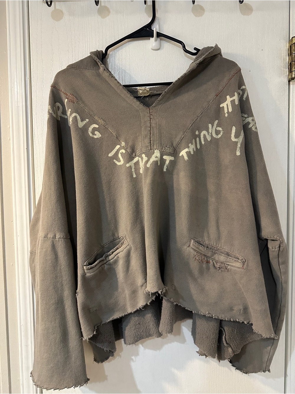 Washed Olive Distressed Hooded Pullover with Script